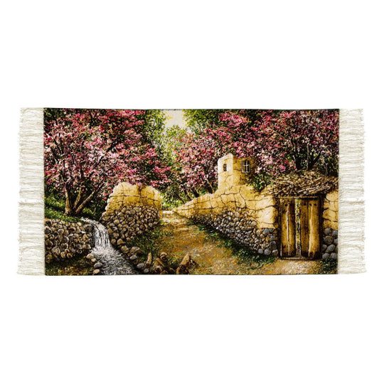 Handwoven Silk Carpet Tableau - Rustic Blossoms